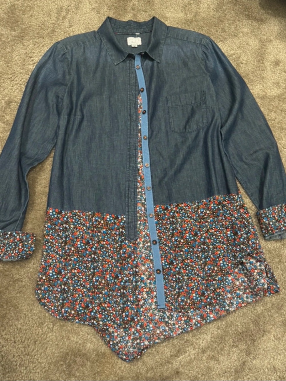 Cottage core style Dark Blue Denim-Look Button Shirt with Floral Hem